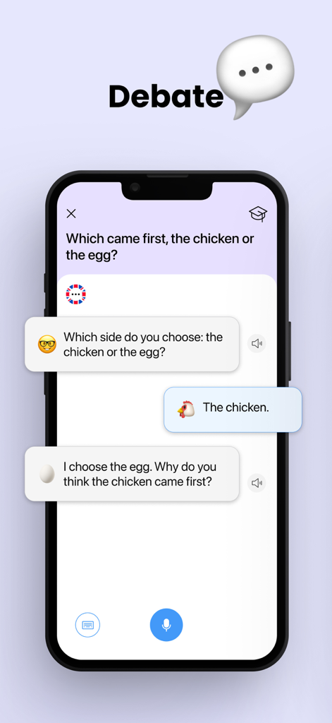 Learn English with AI - Mobile app interface showing a conversational English debate with an AI on the topic of the chicken or the egg.