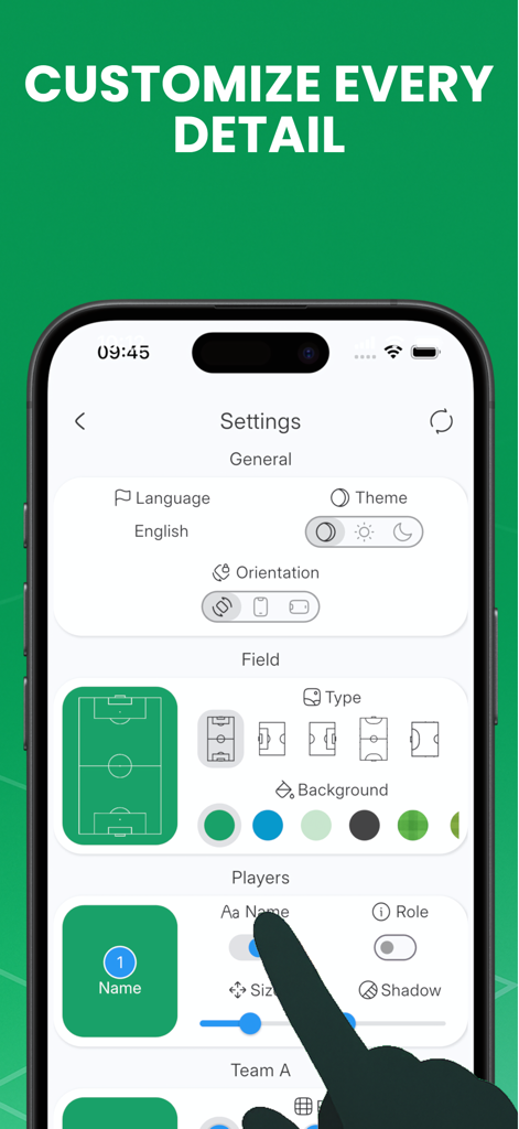 Tactics Board - Soccer - Settings menu for customizing soccer field and player details in the app