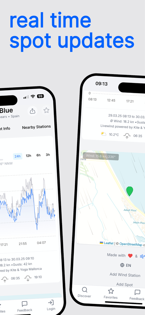 Telas do aplicativo WYND mostrando gráficos de velocidade do vento em tempo real e mapas de pontos ao vivo.