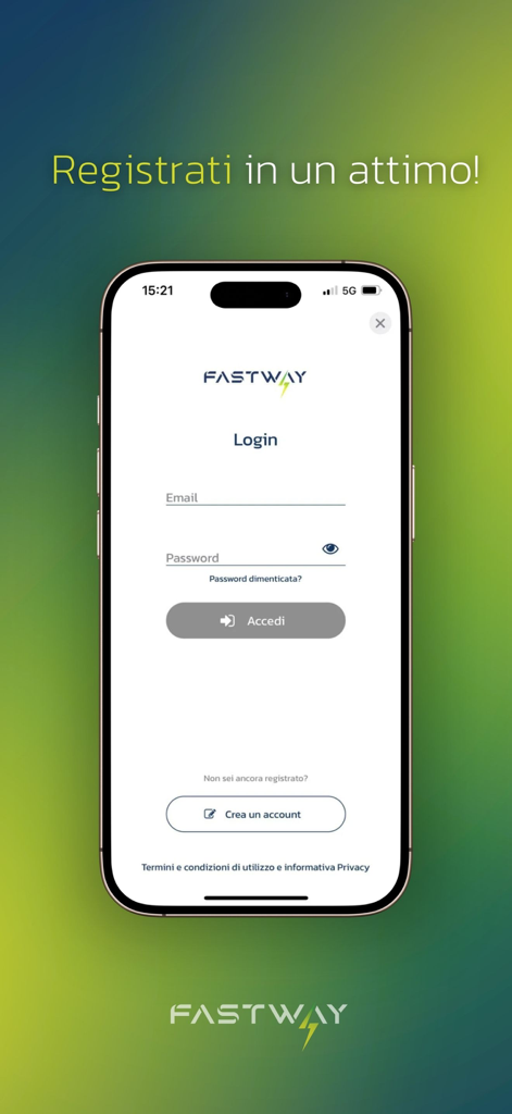 Schermata di login e registrazione dell'app di ricarica per veicoli elettrici FastWay su un iPhone