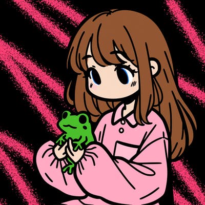 girl with long hair and a oversized shirt. and she is holding a frog