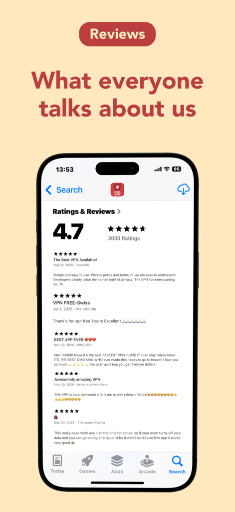 Swiss VPN Free : Fast & Secure - App Store reviews and ratings for Swiss VPN Free showing a 4.7 star rating and positive user feedback