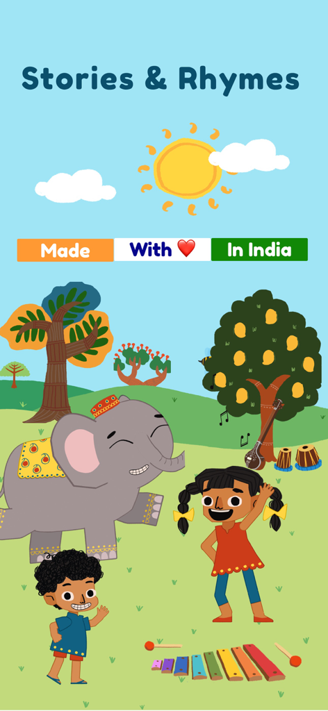 Kutuki: Kids Learning App - Ilustración colorida de niños y un elefante en una escena natural para cuentos y rimas infantiles