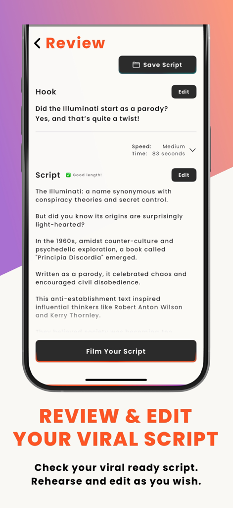 Sophiana: Script & Video Maker - Sophiana app script review and edit interface for video content creators