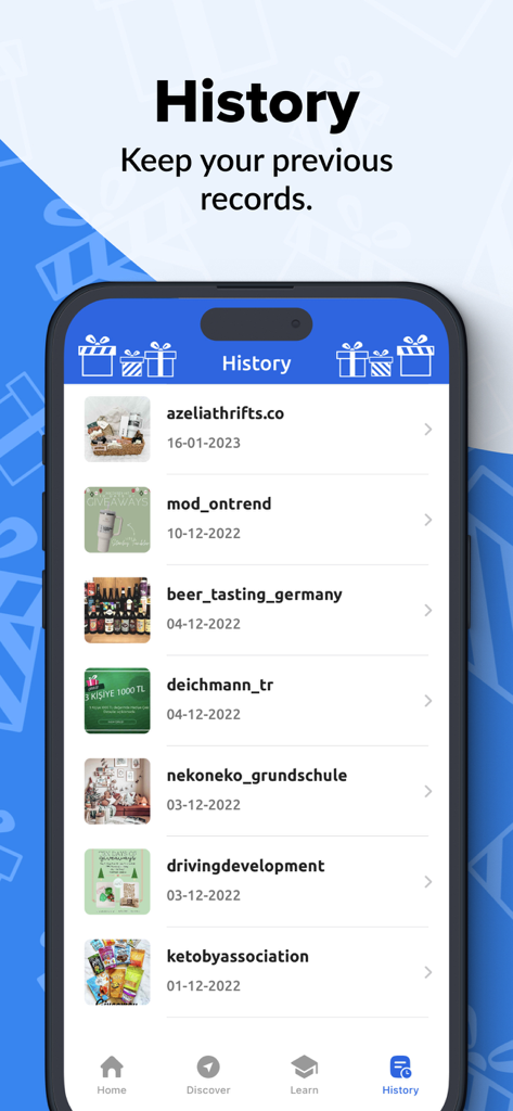 Easy Giveaway Comment Picker - History screen of the Easy Giveaway app showing a list of previous Instagram giveaway records