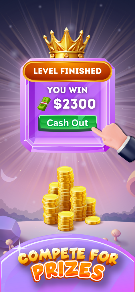 Crossword Cash Earn Word Games - Crossword Cash app screen showing a level completion with a 2300 dollar win and a cash out button