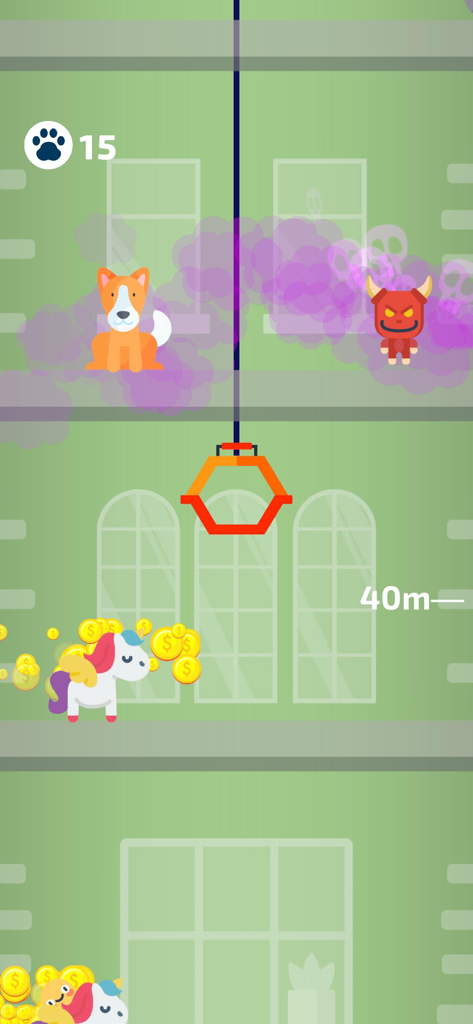 Save The Pets - In-game screenshot of Save The Pets showing a dog rescue mission with a claw hook and a unicorn collecting coins.