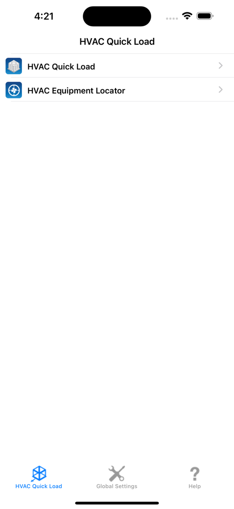 HVAC Quick Load app home screen with menu options for calculations and equipment locator