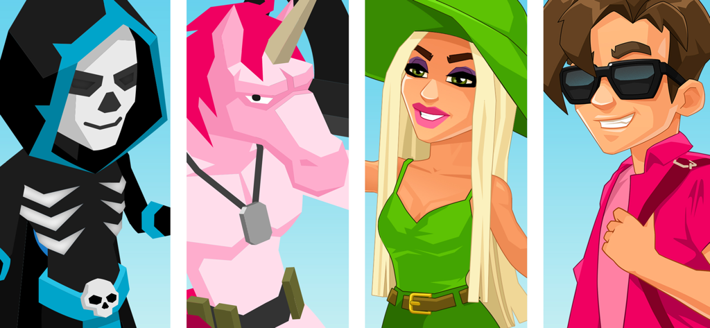 Business tour - A showcase of four diverse playable character skins including a skeleton a unicorn and stylish humans in the Business Tour mobile game