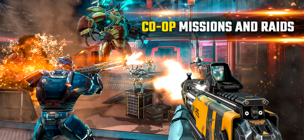 First-person shooter gameplay of Shadowgun Legends showing a co-op mission and raid against a giant robot enemy.