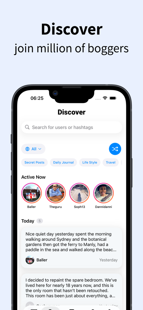BlogIt - diary, journal, blog - Discover screen of BlogIt app with active users and lifestyle blog posts.