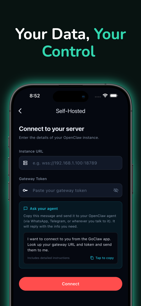 GoClaw - OpenClaw App - Interfaccia dell'app GoClaw che mostra la schermata di connessione del server self-hosted con i campi URL e gateway token