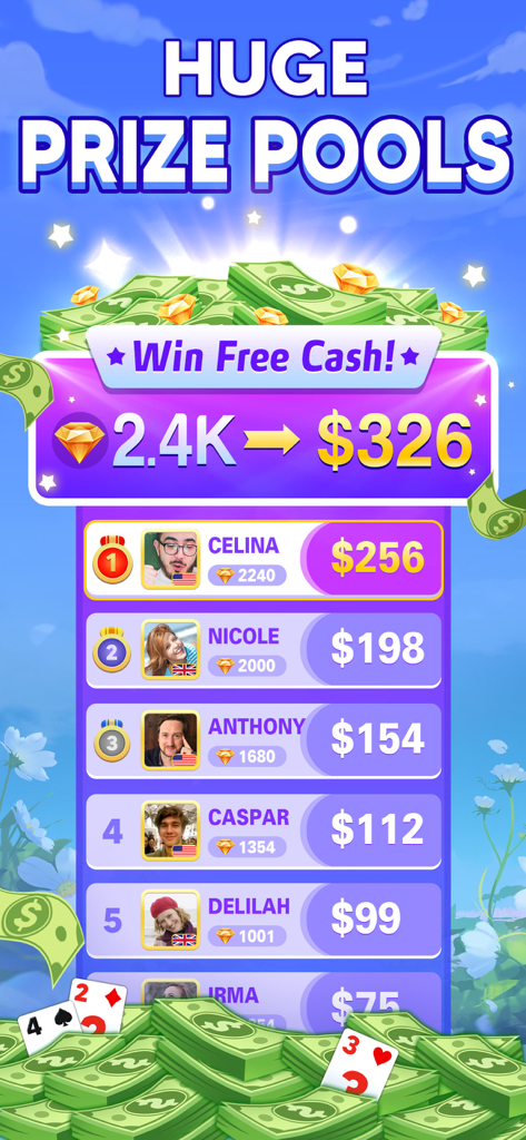 Pyramid Solitaire: Win Cash - Leaderboard of Pyramid Solitaire showing real money cash prize winners.