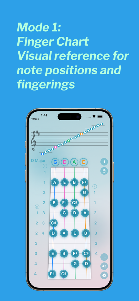 Violin Vista app screen showing the Finger Chart mode for visual reference of note positions and fingerings