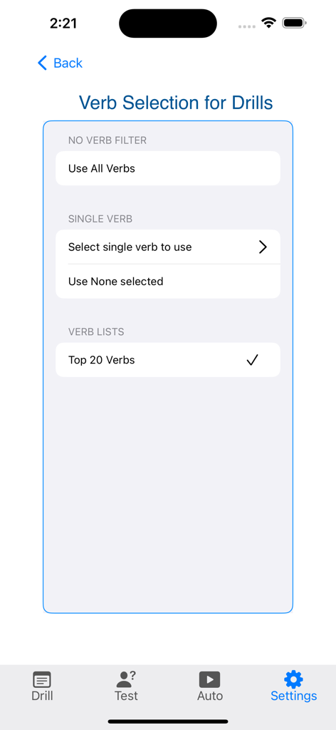 Auswahlbildschirm zum Auswählen spezifischer italienischer Verben oder Listen für Übungsübungen.