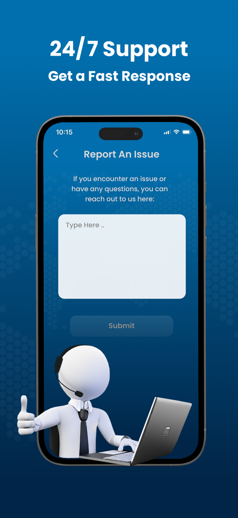 درع كاسر بروكسي - فاتح مواقع - The 24/7 customer support and issue reporting screen of the Shield Proxy VPN app featuring a character with a headset.