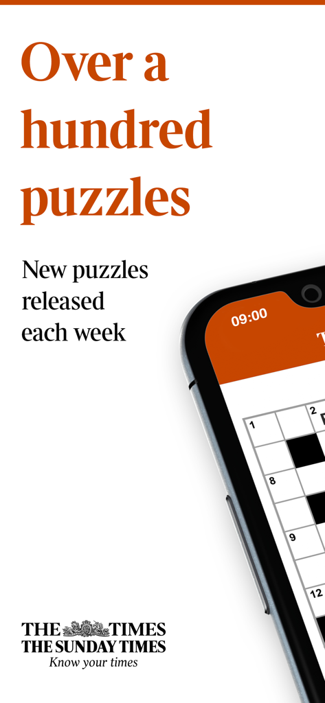Times Puzzles - Pantalla de la aplicación Times Puzzles que muestra un crucigrama y cien puzzles semanales