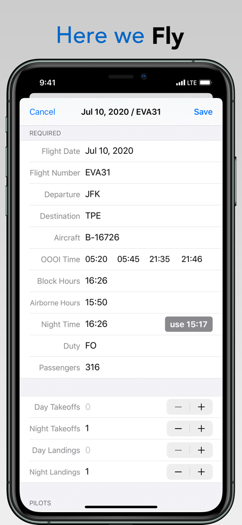 Captain Logbook - Mobile App-Oberfläche von Captain Logbook, die die Eingabe von Flugdetails für einen Flug von JFK nach TPE anzeigt, einschließlich Blockzeiten und OOOI-Zeiten