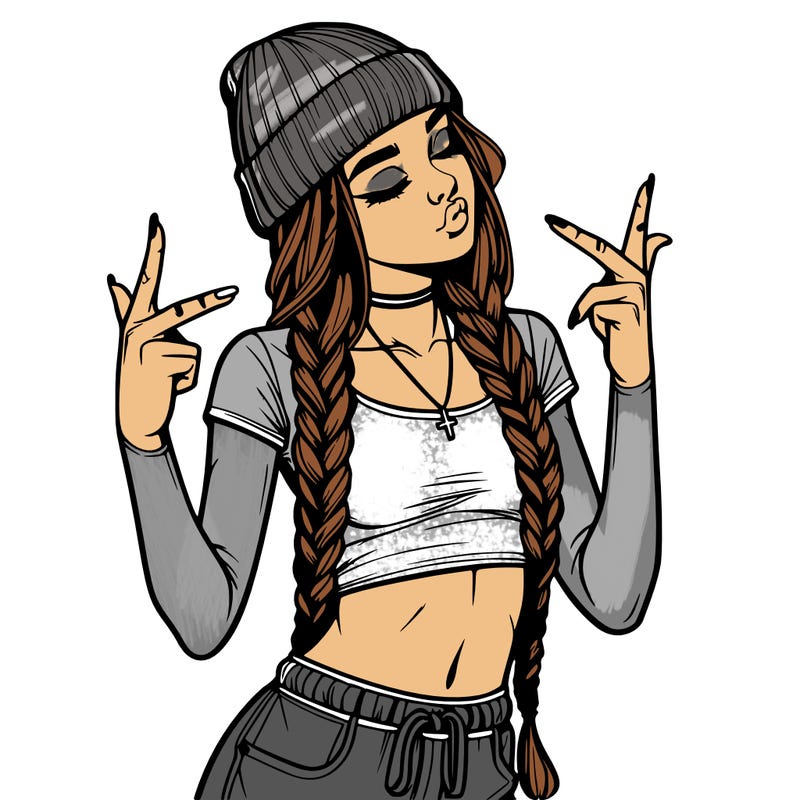 realistic teenage girl with braids and a beanie and crop top doing 🫶🏼
