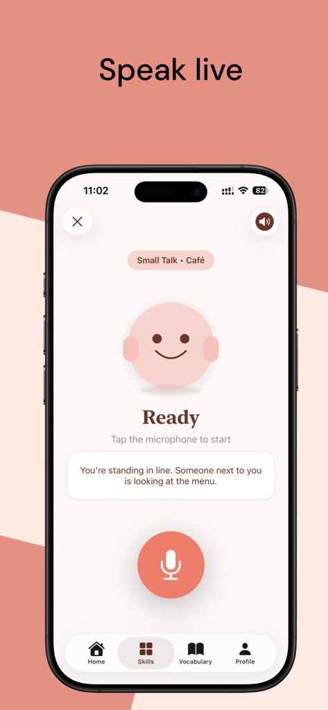 Toky: AI Communication Coach - Interfaz del modo de voz de la app Toky para practicar charla trivial en un escenario de cafetería con un botón de micrófono y un avatar de IA.