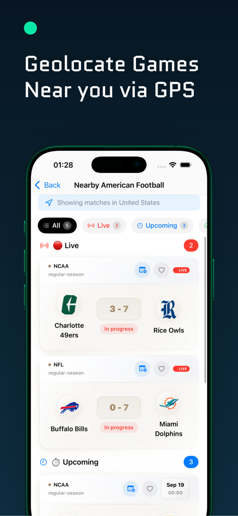 The Darato - Live Sport Scores - Smartphone screen of The Darato app showing live American football scores for nearby games found via GPS geolocation.