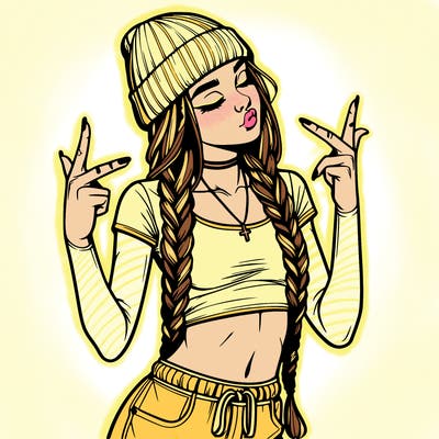 realistic teenage girl with braids and a beanie and crop top doing 🫶🏼