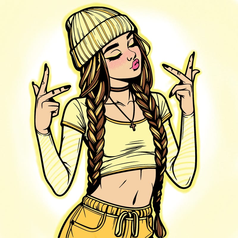 realistic teenage girl with braids and a beanie and crop top doing 🫶🏼