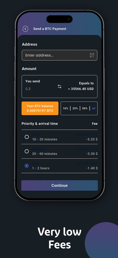Bitcoin Wallet : BTC & Crypto - A mobile interface for sending Bitcoin payments with low fees and transaction speed options.