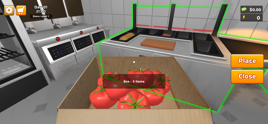 A first-person view of a player stocking a box of fresh tomatoes in a 3D burger shop kitchen.