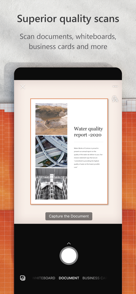 Interfaccia dell'app Microsoft Lens che mostra una scansione di documenti di alta qualità di un rapporto sulla qualità dell'acqua