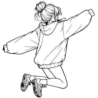 realistic girl jumping with a bun and oversized sweatshirt