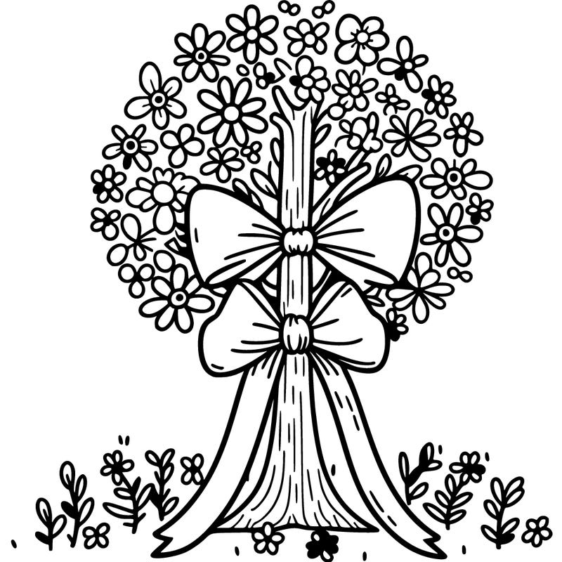 tree with a ribbon  and lots of flowers