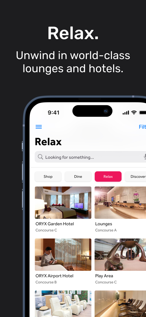HIA Qatar - HIA Qatar app relax section showing airport hotels and lounges