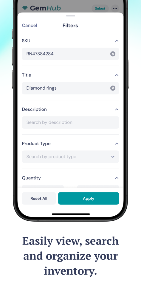 GemHub - Interfaccia dell'app mobile GemHub che mostra opzioni di ricerca e filtro dell'inventario per professionisti della gioielleria.