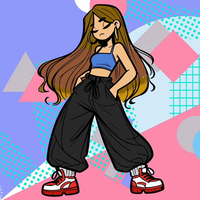 girl in baggy pants crop top and long hair