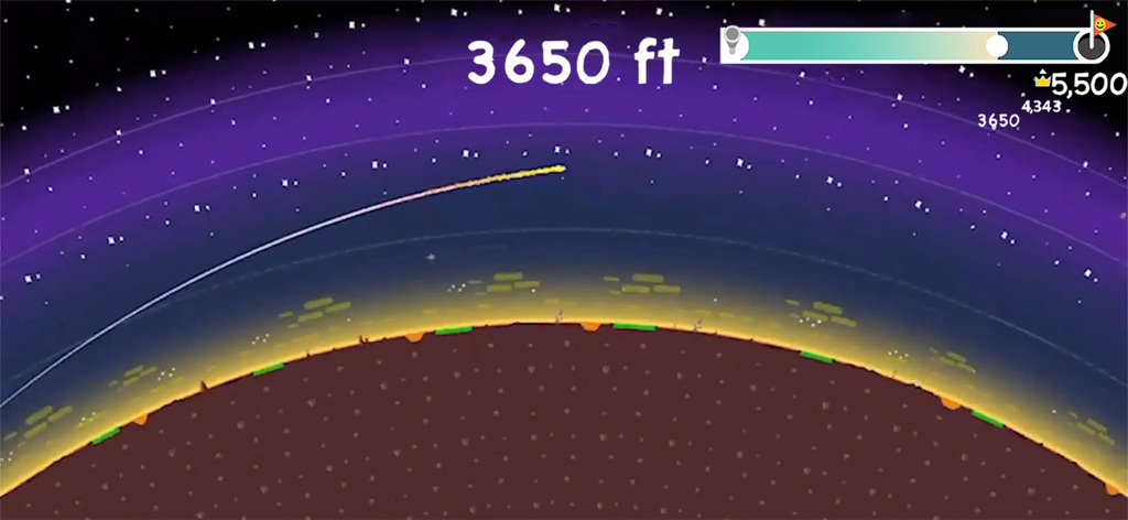 A golf ball flying through space over a planet with a distance marker of 3650 feet.
