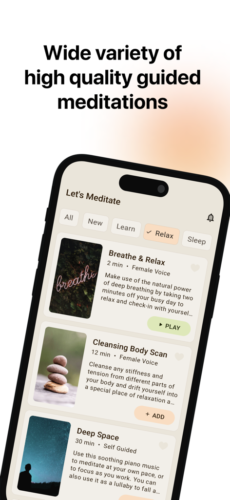 Let's Meditate - Relax & Sleep - Minimalist interface of Let's Meditate app showing various guided meditation tracks and categories.