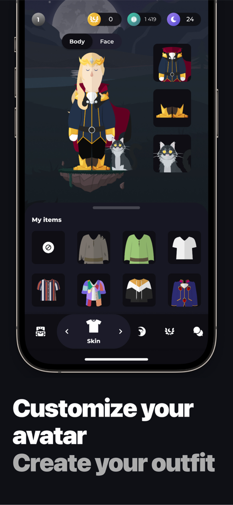 Tela de personalização de personagem do aplicativo Wolfy mostrando várias roupas e um avatar real.