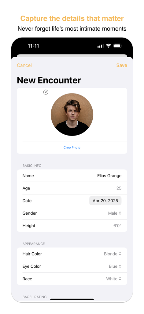 Bagel Count - Bagel Countアプリの新規出会い画面のスクリーンショット。名前、年齢、日付、身体的特徴などのフィールドがあります。