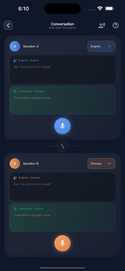 ZedTranslate - ZedTranslate mobile app screen for real time voice conversation translation between two speakers