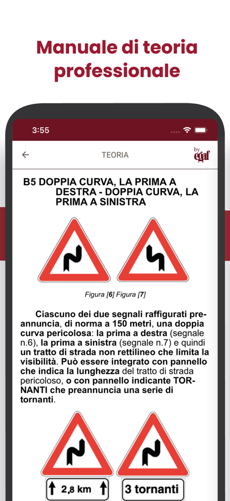 Quiz Patente 2026 - Professional theory manual section showing Italian road signs for double curves.