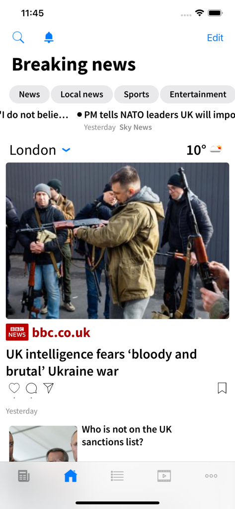 Screenshot of the Breaking News UK app interface showing a news feed with a BBC headline