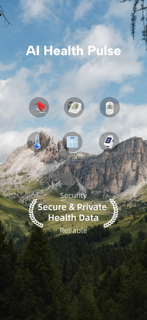 AI Health Pulse - Heart Rate - Tela do aplicativo AI Health Pulse promovendo dados de saúde seguros e privados com ícones para monitoramento de frequência cardíaca, pressão arterial e outros sinais vitais em uma paisagem montanhosa.