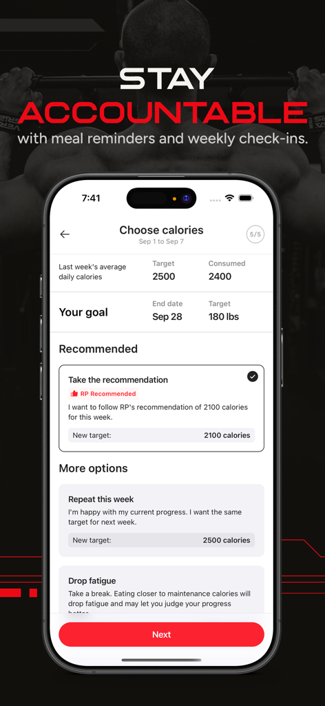 RP Diet Coach & Planner - RP Diet Coach app interface for weekly calorie target selection and weight goal tracking