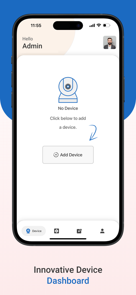 ezyLiv plus mobile App-Startbildschirm mit einer Aufforderung zum Hinzufügen eines neuen Sicherheitsgeräts