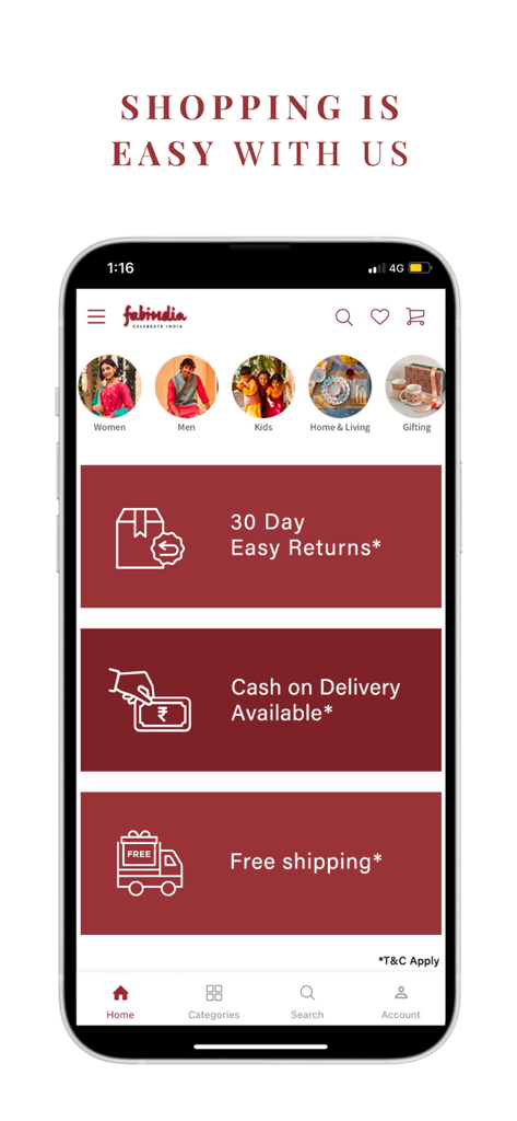 Fabindia Online Shopping - Fabindia mobile app interface showing shopping categories and promotional banners for shipping and returns.