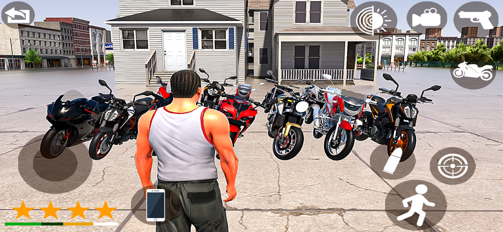 Gangster Game City Crime Game - Third-person view of a character standing behind a lineup of sports motorcycles in an open-world crime game.