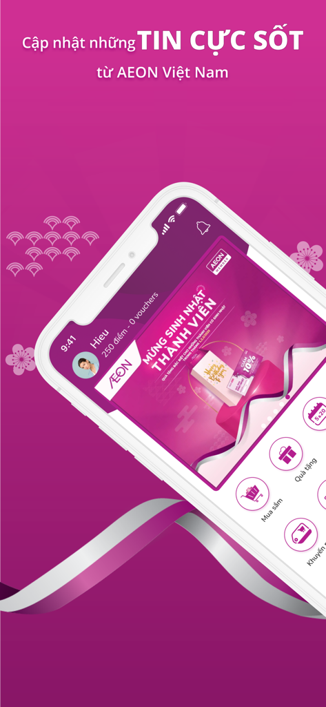 AEON Vietnam - Pantalla de la aplicación AEON Vietnam que muestra promociones de cumpleaños de miembros y puntos de fidelidad en un smartphone