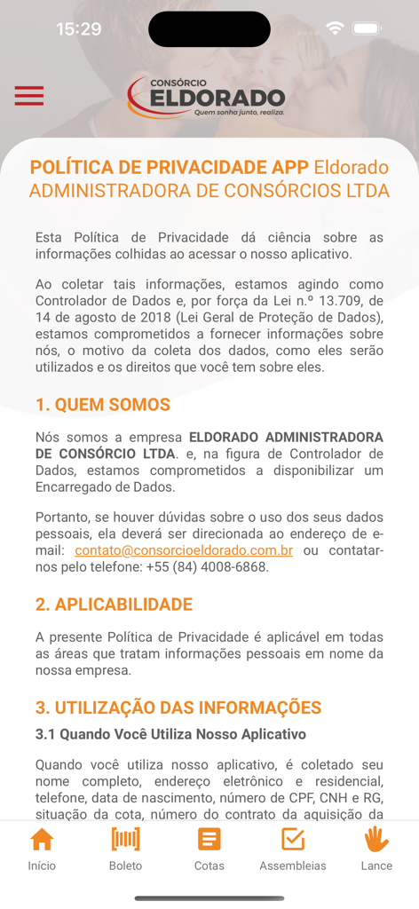 Privacy policy screen of the Consórcio Eldorado mobile app