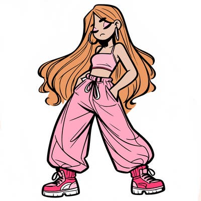 girl in baggy pants crop top and long hair